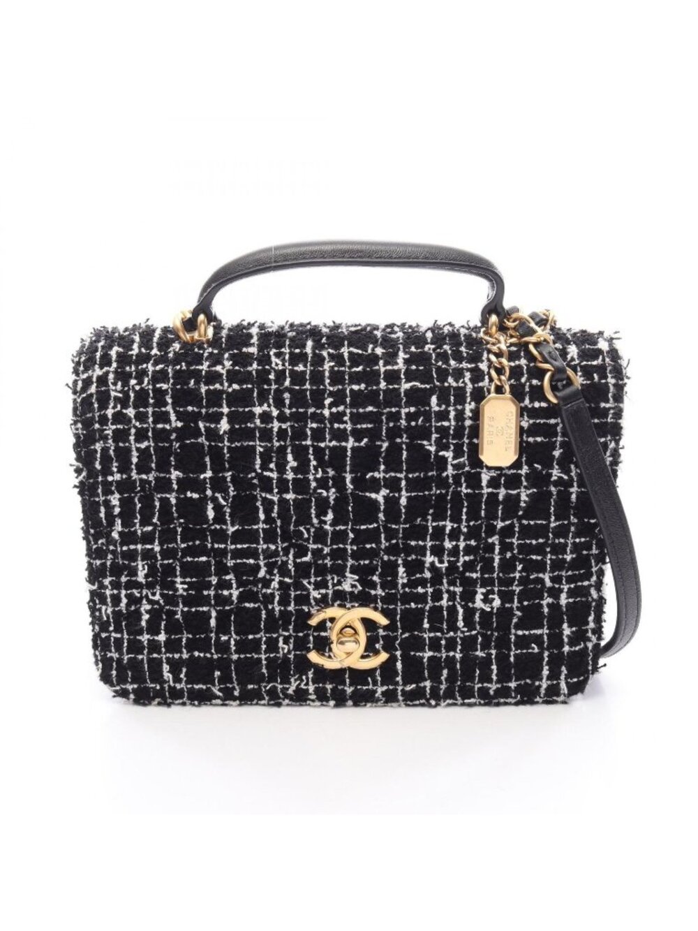 Chanel Shoulder Bag Quilted 2-Way Black White Fabric Leather Top Handle Chain